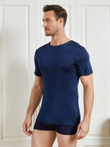 [Bleu Foncé] SilkSilky-FR Manches courtes Col Ras Du Cou Homme T-Shirt 003
