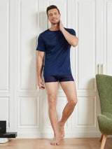 [Bleu Foncé] SilkSilky-FR Manches courtes Col Ras Du Cou Homme T-Shirt 004