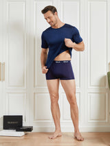 [Bleu Foncé] SilkSilky-FR Manches courtes Col Ras Du Cou Homme T-Shirt 005