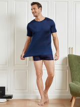[Bleu Foncé] SilkSilky-FR Manches courtes Col Ras Du Cou Homme T-Shirt 006