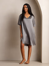 [Gris Foncé] SilkSilky-FR Half Sleeve V Neck Chemises de nuit 001