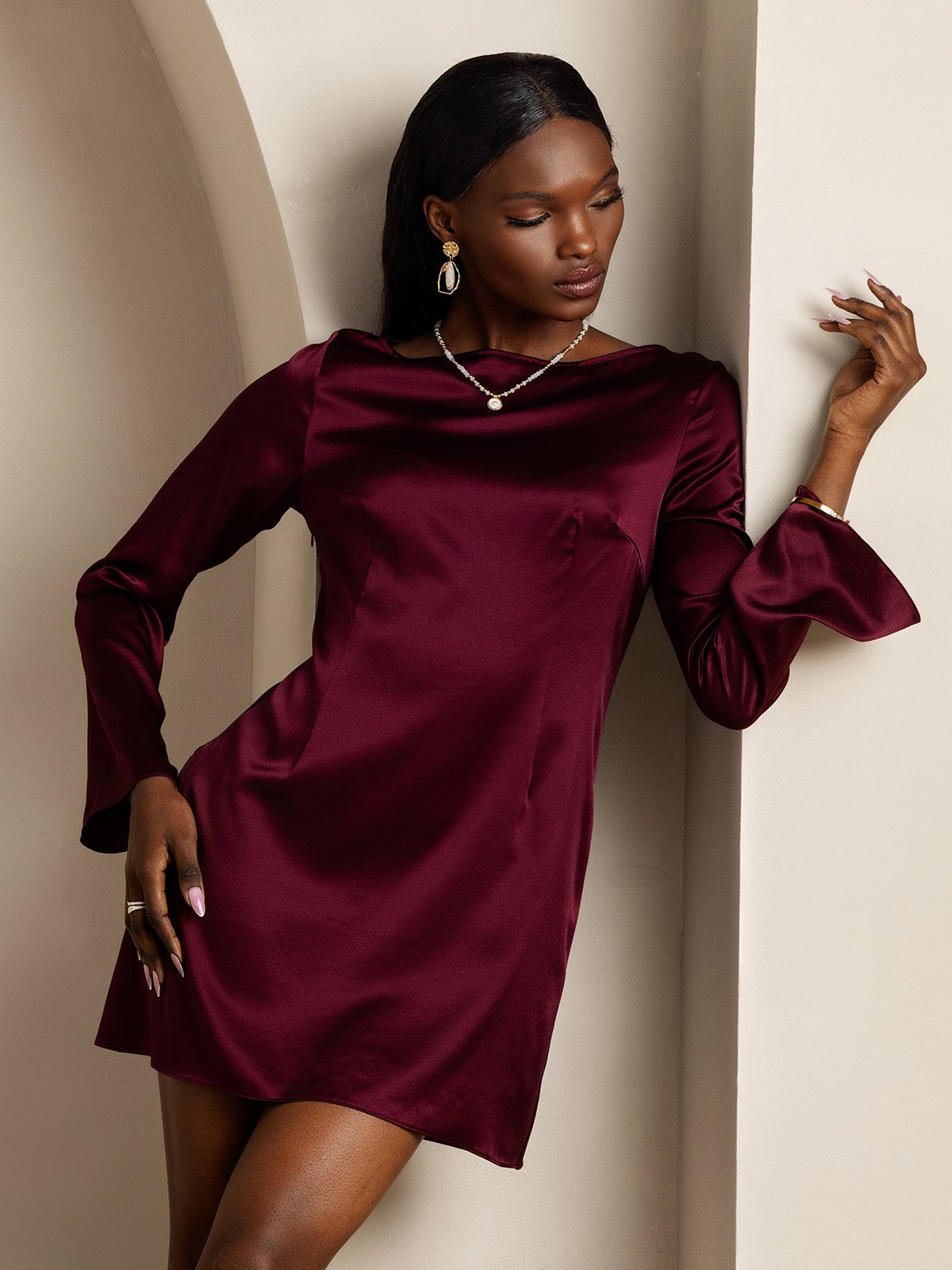 [Rouge Foncé] SilkSilky-FR Long Sleeve Boat Neck Robes 001