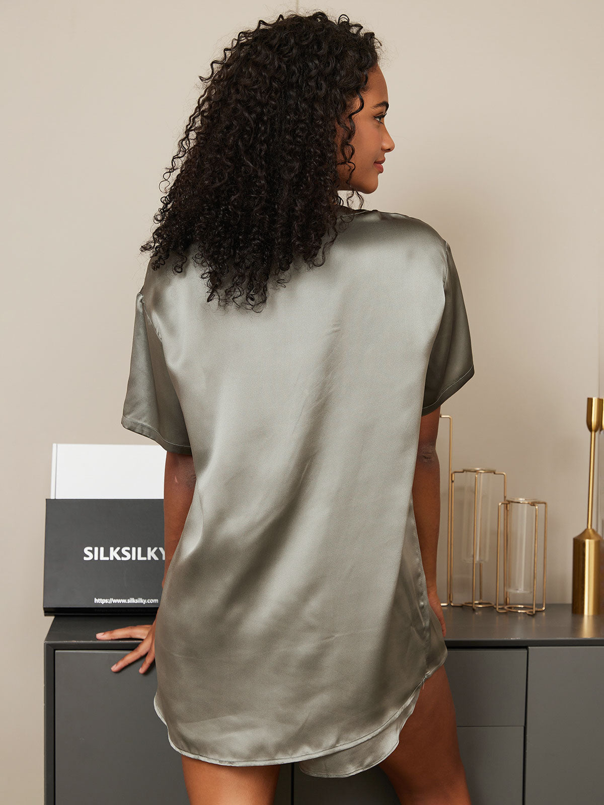 [Vert Grisâtre] SilkSilky-FR Pure Silk Manches courtes Col Rond Femme Pyjamas 002