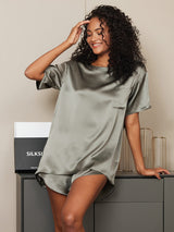 [Vert Grisâtre] SilkSilky-FR Manches courtes Col Rond Femme Pyjamas 004