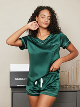 [Vert] SilkSilky-FR Pure Soie Manches courtes Womens Pajamas 002