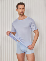 [Bleu Clair] SilkSilky-FR Manches courtes Col Ras Du Cou Homme T-Shirt 003