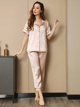 [Rose Clair] SilkSilky-FR Manches courtes Col Cranté Femme Pyjamas 001