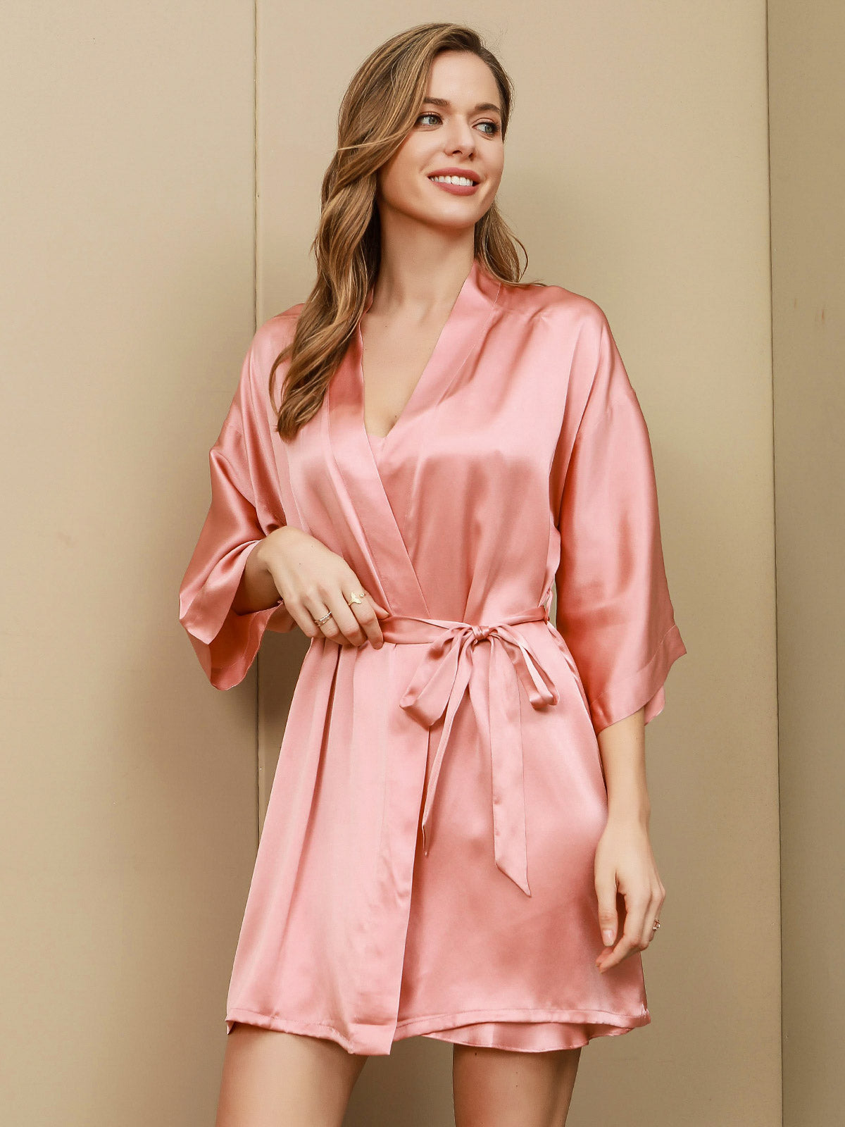 [Rose] SilkSilky-FR Pure Soie Trois-quart Nightgown&Robe Set 003