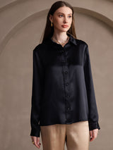 [Noir] SilkSilky-FR 19Momme Manches longues Col à Revers Femme Chemise 001