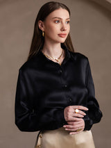 [Noir] SilkSilky-FR 19Momme Manches longues Col à Revers Femme Chemise 004