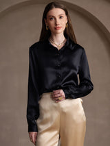 [Noir] SilkSilky-FR 19Momme Manches longues Col à Revers Femme Chemise 005