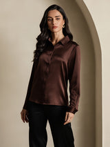 [Café] SilkSilky-FR 19Momme Manches longues Col à Revers Femme Chemise 003