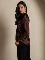 [Café] SilkSilky-FR 19Momme Manches longues Col à Revers Femme Chemise 004