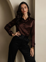 [Café] SilkSilky-FR 19Momme Manches longues Col à Revers Femme Chemise 005