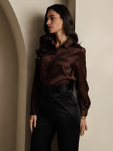[Café] SilkSilky-FR 19Momme Manches longues Col à Revers Femme Chemise 006
