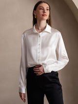 [Blanc] SilkSilky-FR 19Momme Manches longues Col à Revers Femme Chemise 005