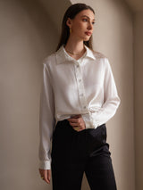[Blanc] SilkSilky-FR 19Momme Manches longues Col à Revers Femme Chemise 006