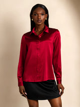 [Rouge Vineux] SilkSilky-FR 19Momme Manches longues Col à Revers Femme Chemise 001