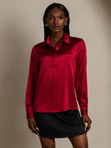 [Rouge Vineux] SilkSilky-FR 19Momme Manches longues Col à Revers Femme Chemise 003