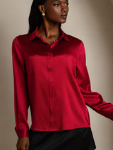[Rouge Vineux] SilkSilky-FR 19Momme Manches longues Col à Revers Femme Chemise 004