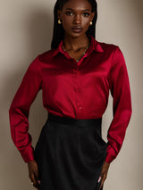 [Rouge Vineux] SilkSilky-FR 19Momme Manches longues Col à Revers Femme Chemise 005