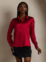 [Rouge Vineux] SilkSilky-FR 19Momme Manches longues Col à Revers Femme Chemise 006