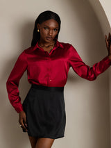 [Rouge Vineux] SilkSilky-FR 19Momme Manches longues Col à Revers Femme Chemise 009