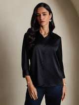 [Noir] SilkSilky-FR 19Momme Trois-quart Col à Revers Femme Chemise 001