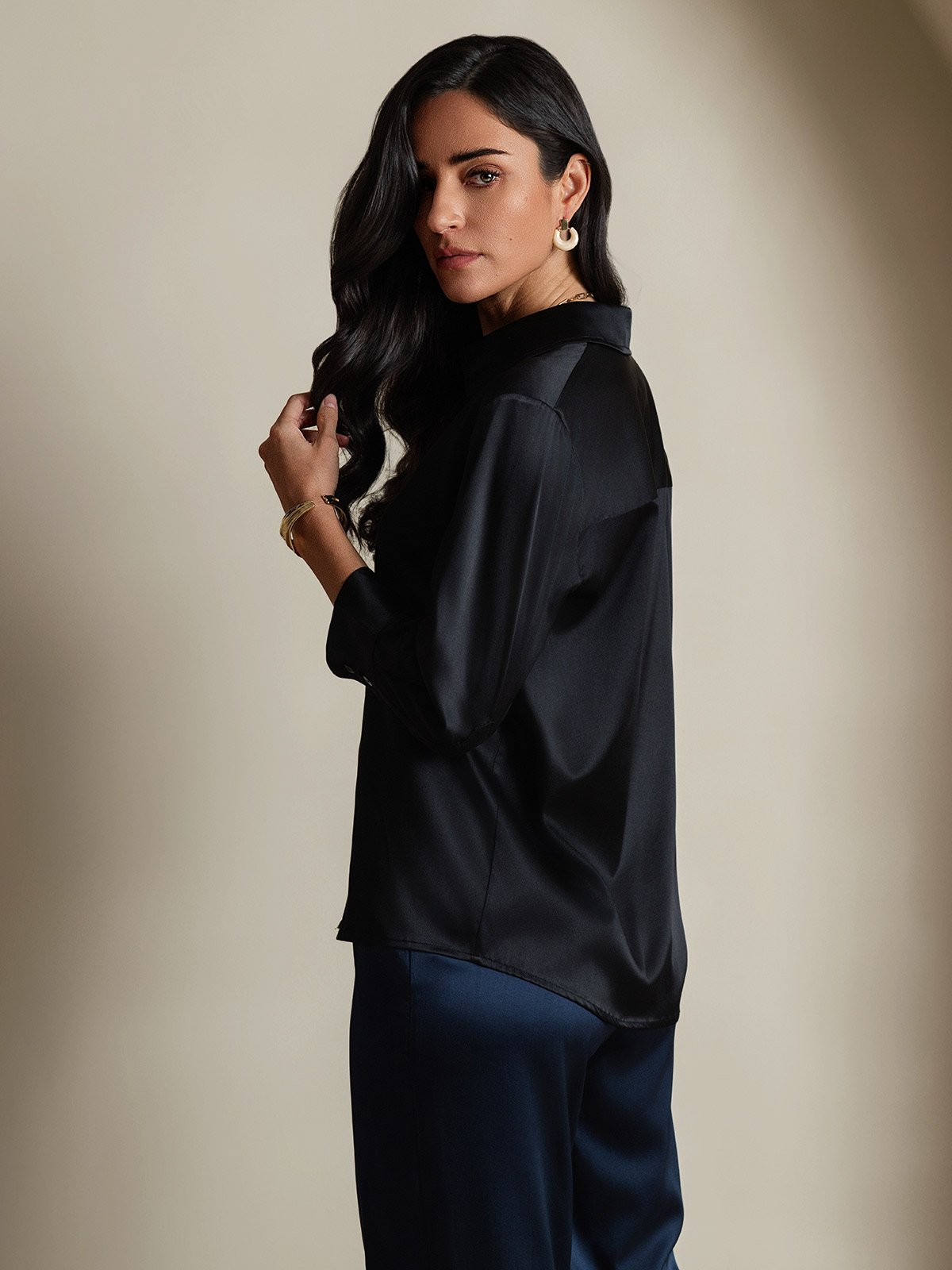 [Noir] SilkSilky-FR 19Momme Soie Manches longues Womens Shirt 002