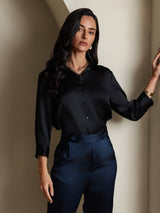 [Noir] SilkSilky-FR 19Momme Trois-quart Col à Revers Femme Chemise 003