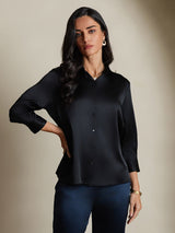 [Noir] SilkSilky-FR 19Momme Trois-quart Col à Revers Femme Chemise 004