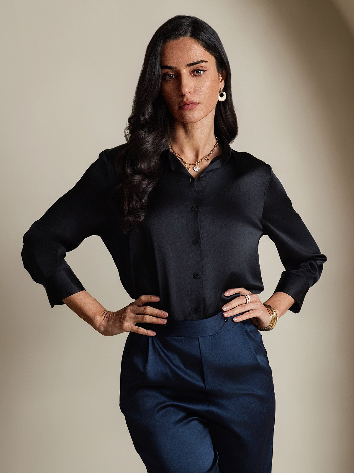 [Noir] SilkSilky-FR 19Momme Soie Manches longues Womens Shirt 005