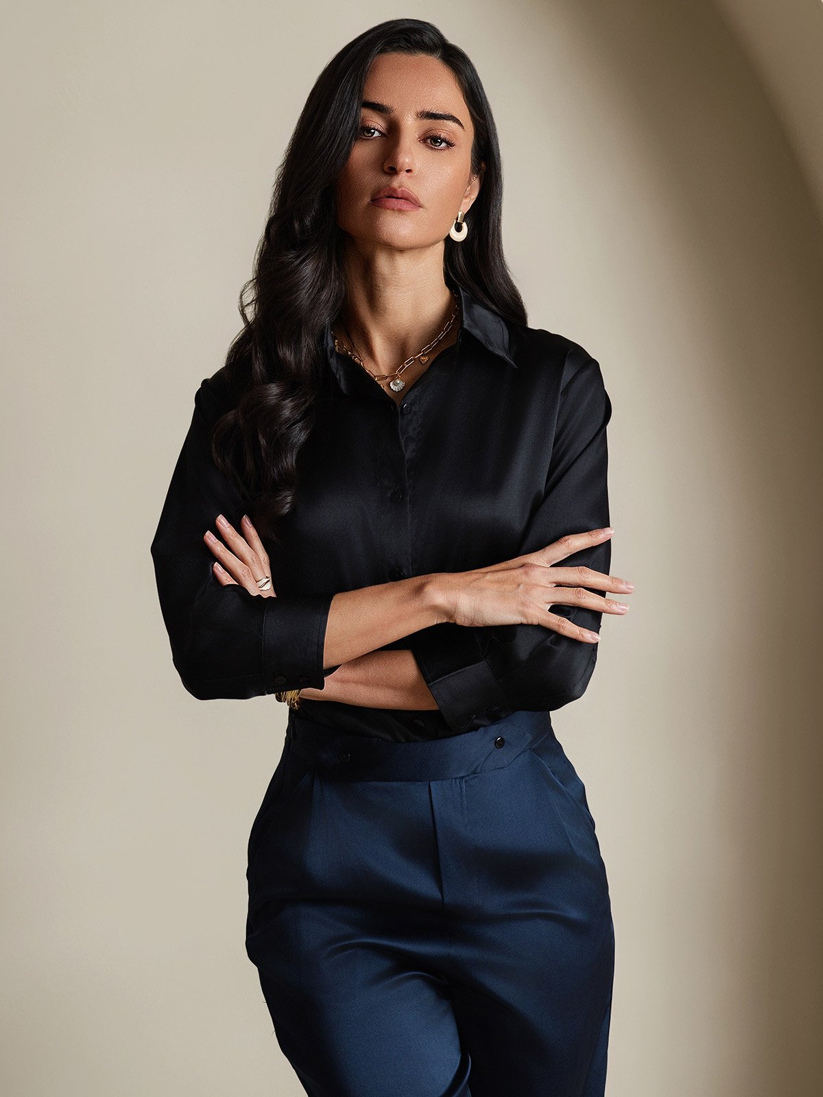 [Noir] SilkSilky-FR 19Momme Soie Manches longues Womens Shirt 006