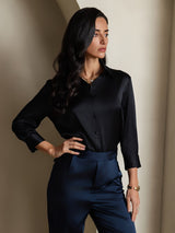 [Noir] SilkSilky-FR 19Momme Trois-quart Col à Revers Femme Chemise 007