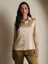 [Champagne] SilkSilky-FR 19Momme Trois-quart Col à Revers Femme Chemise 003