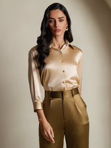 [Champagne] SilkSilky-FR 19Momme Trois-quart Col à Revers Femme Chemise 004