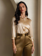 [Champagne] SilkSilky-FR 19Momme Trois-quart Col à Revers Femme Chemise 005