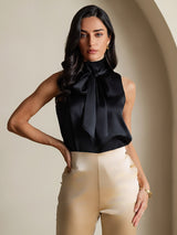 [Noir] SilkSilky-FR 19Momme Sans manches Col Haut Blouse 003
