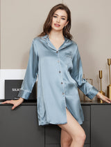 [Bleu Acier] SilkSilky-FR Manches longues Col Cranté Chemise pour dormir 001
