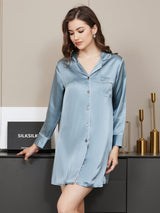 [Bleu Acier] SilkSilky-FR Manches longues Col Cranté Chemise pour dormir 002