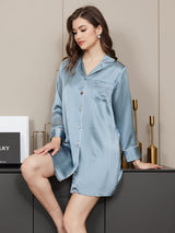 [Bleu Acier] SilkSilky-FR Manches longues Col Cranté Chemise pour dormir 004
