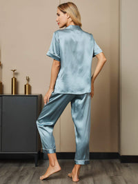 Vue de dos pyjama soie bleu acier pantalon
