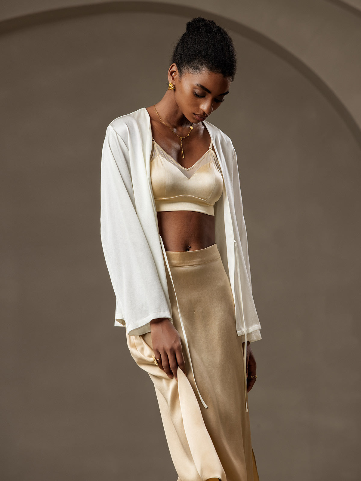 [Blanc] SilkSilky-FR 19Momme Manches longues Femme Manteaux 005