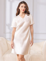 [Blanc] SilkSilky-FR Manches courtes Col V Chemises de nuit 003