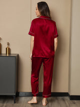 [Rouge Vineux] SilkSilky-FR Manches courtes Col Cranté Femme Pyjamas 002
