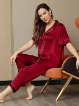 [Rouge Vineux] SilkSilky-FR Manches courtes Col Cranté Femme Pyjamas 003