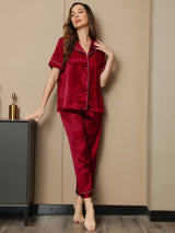[Rouge Vineux] SilkSilky-FR Manches courtes Col Cranté Femme Pyjamas 005
