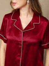 [Rouge Vineux] SilkSilky-FR Manches courtes Col Cranté Femme Pyjamas 007