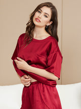 [Rouge Vineux] SilkSilky-FR Manches courtes Col Rond Femme Pyjamas 003