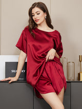 [Rouge Vineux] SilkSilky-FR Manches courtes Col Rond Femme Pyjamas 005